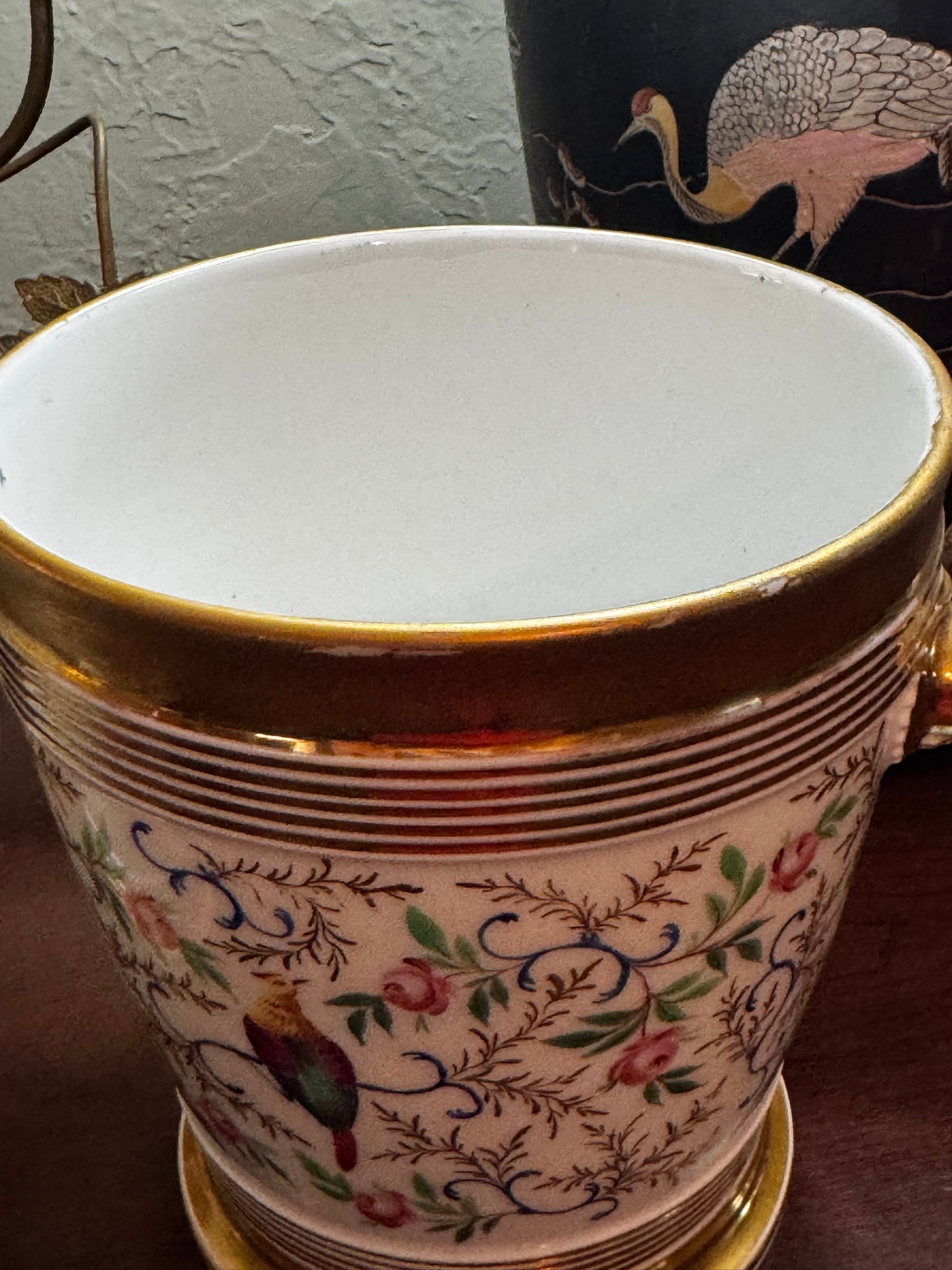 Antique Paris Porcelain Cachepot Planter Pair Hand Painted Bird Motif 19th Century