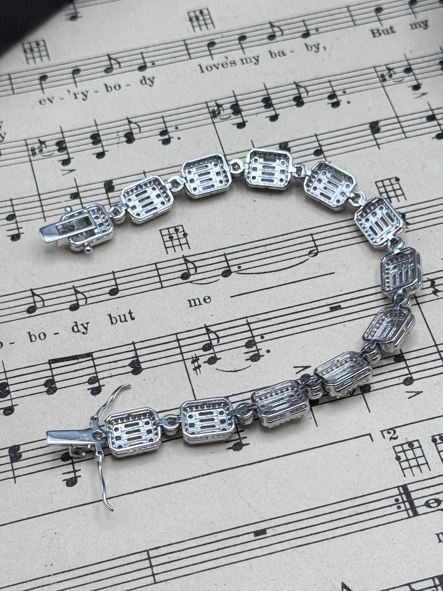 Sterling Clear Stones Tennis Bracelet 7” Baguette Halo Link Bracelet Signed W 925