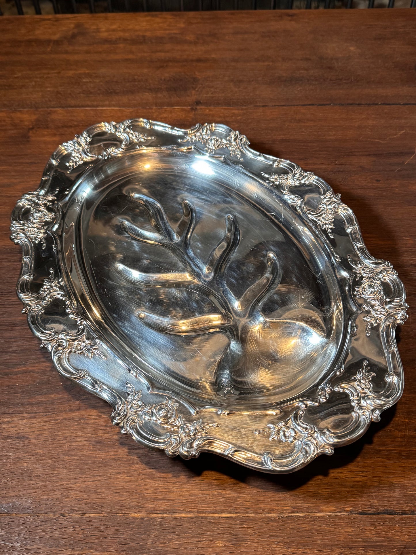 Towle Silverplate Meat Tray Repousse Rose Pattern Footed Oval 17”