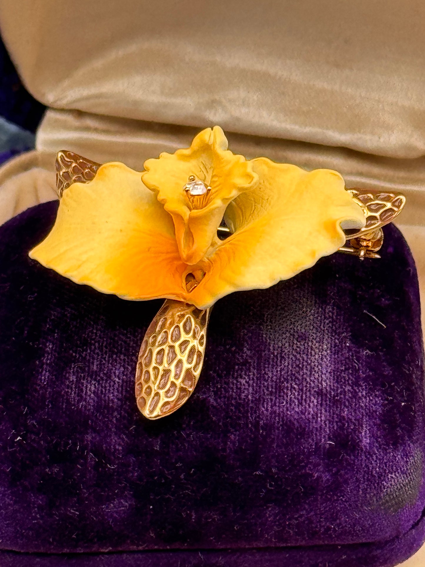 Vintage Joan Rivers Orchid Brooch Yellow Enamel Rhinestone Goldtone Signed 1.75”