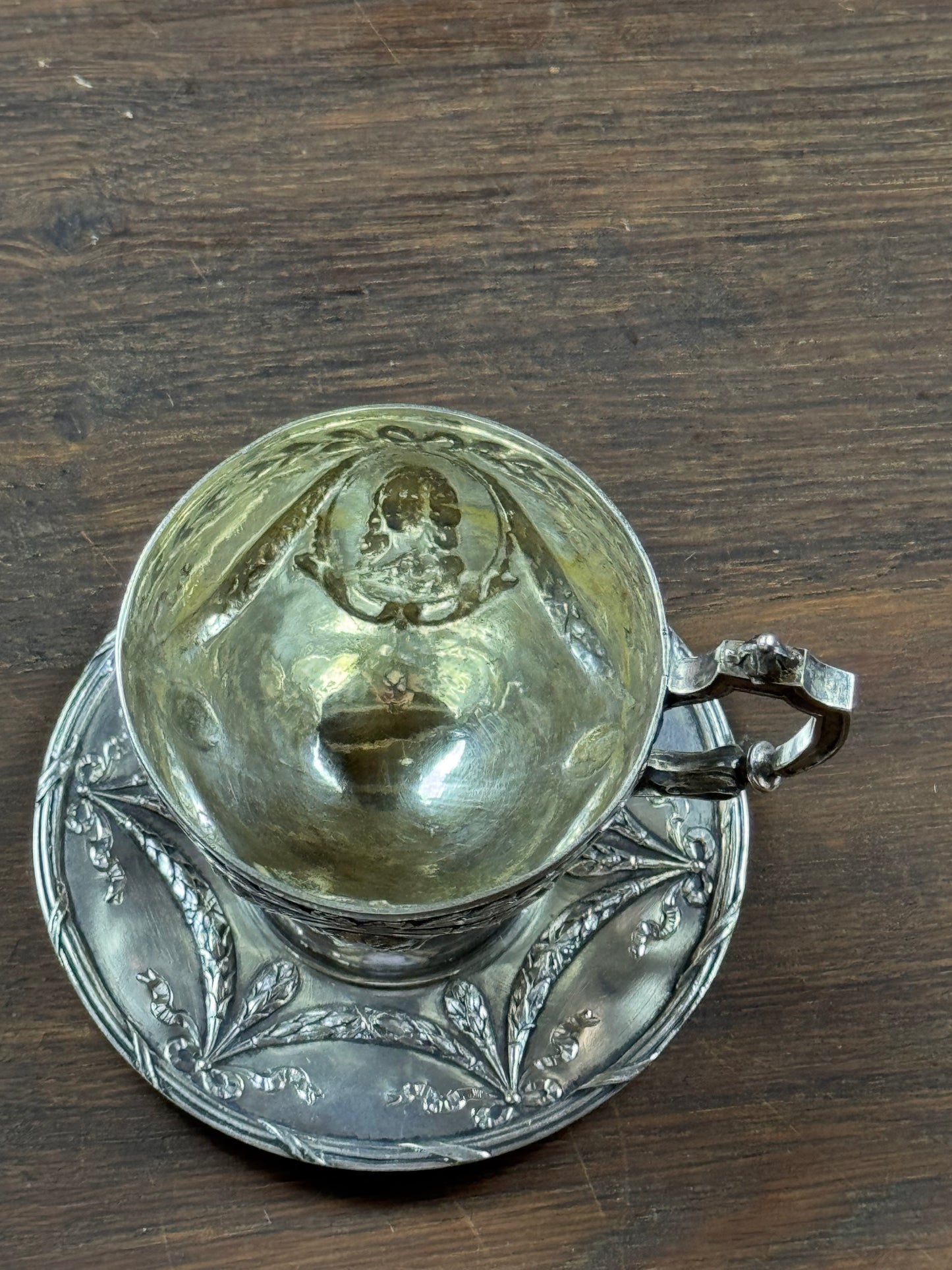 Vintage Silverplate Demitasse Cup & Saucer Cameo Repousse Pseudo Hallmark