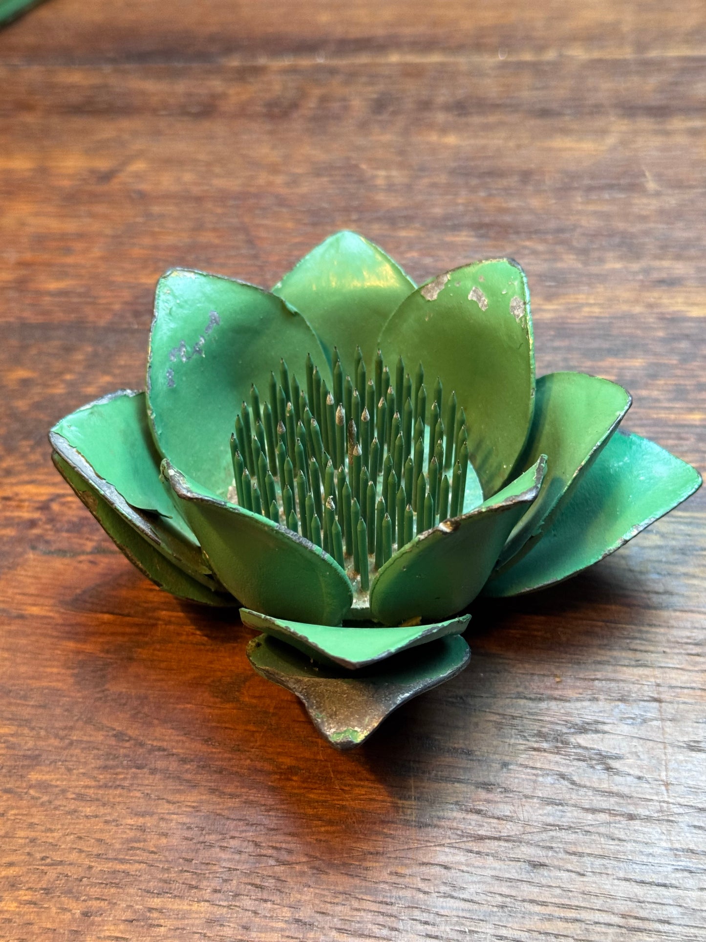 Vintage Green Metal Lotus Flower Frog Floral Arrangement Holder 4”
