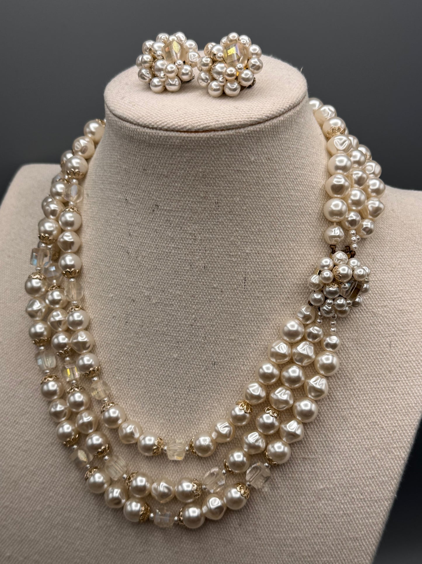 Vintage Triple Strand Faux Pearl Necklace 18” Baroque Clip On Set