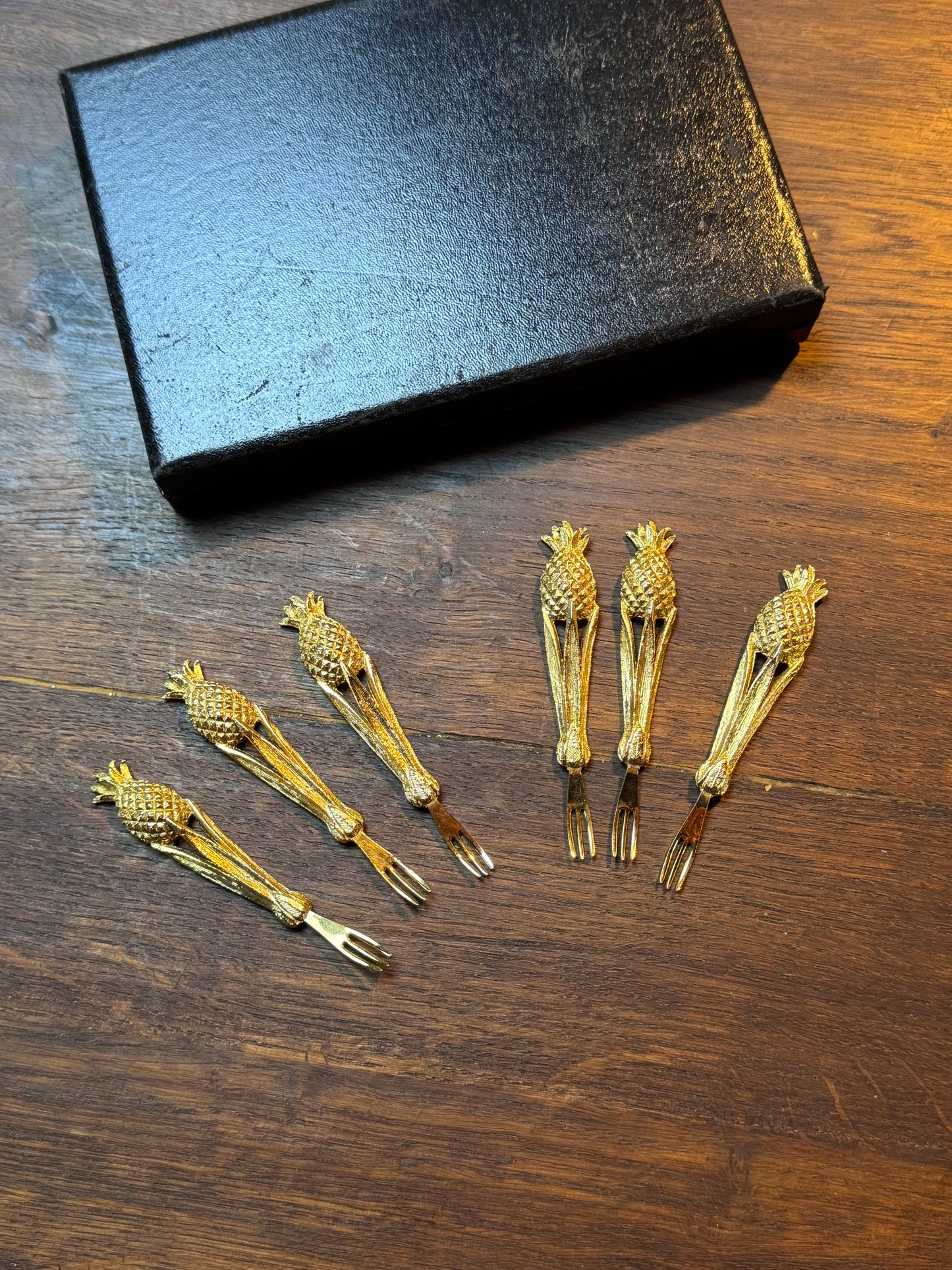 Vintage Canapé Fork Set 24kt Gold Plated Janis Collection 6 Pineapple Design