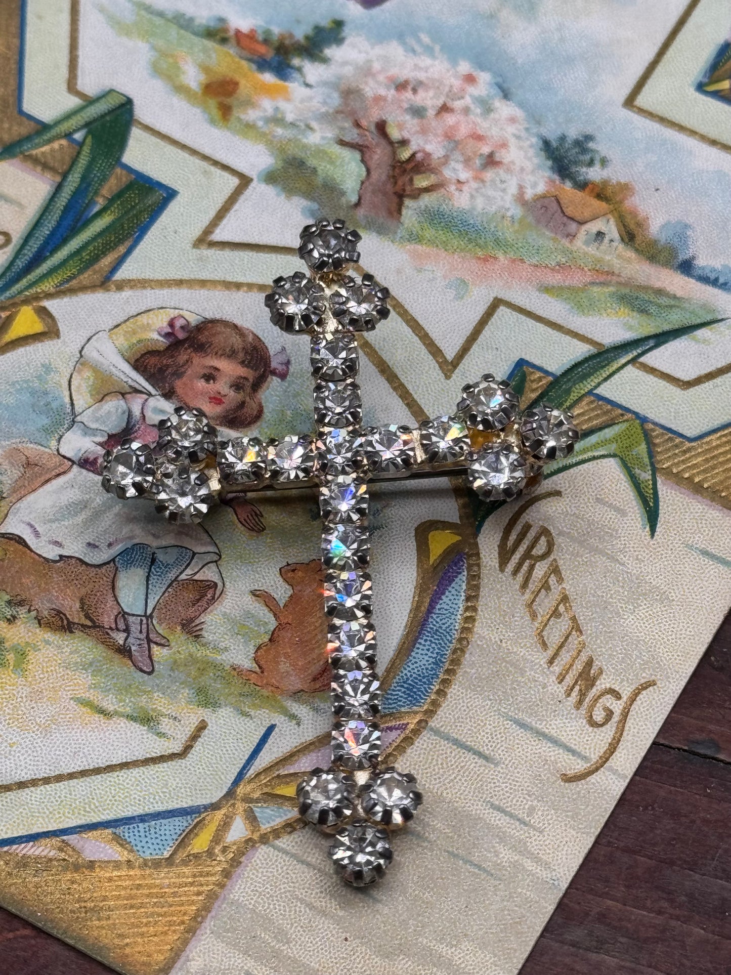 Vintage Rhinestone Cross Brooch Silvertone 2.125” Statement Pin