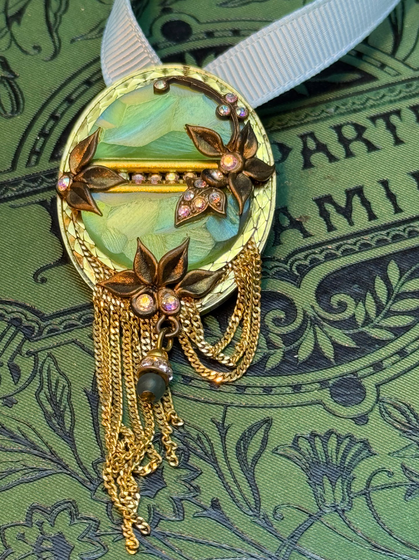 MARENA Germany Brooch Pendant Art Nouveau Revival Tassel Rhinestone Goldtone