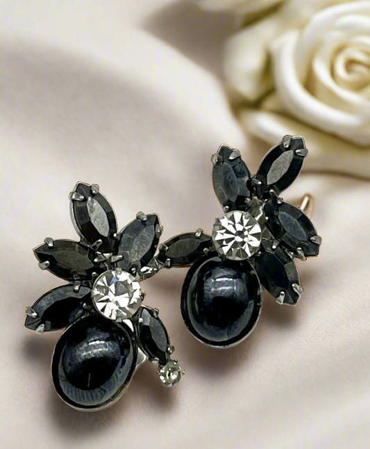 Vintage Black Rhinestone With Clear Stone Accent Clip On Earrings