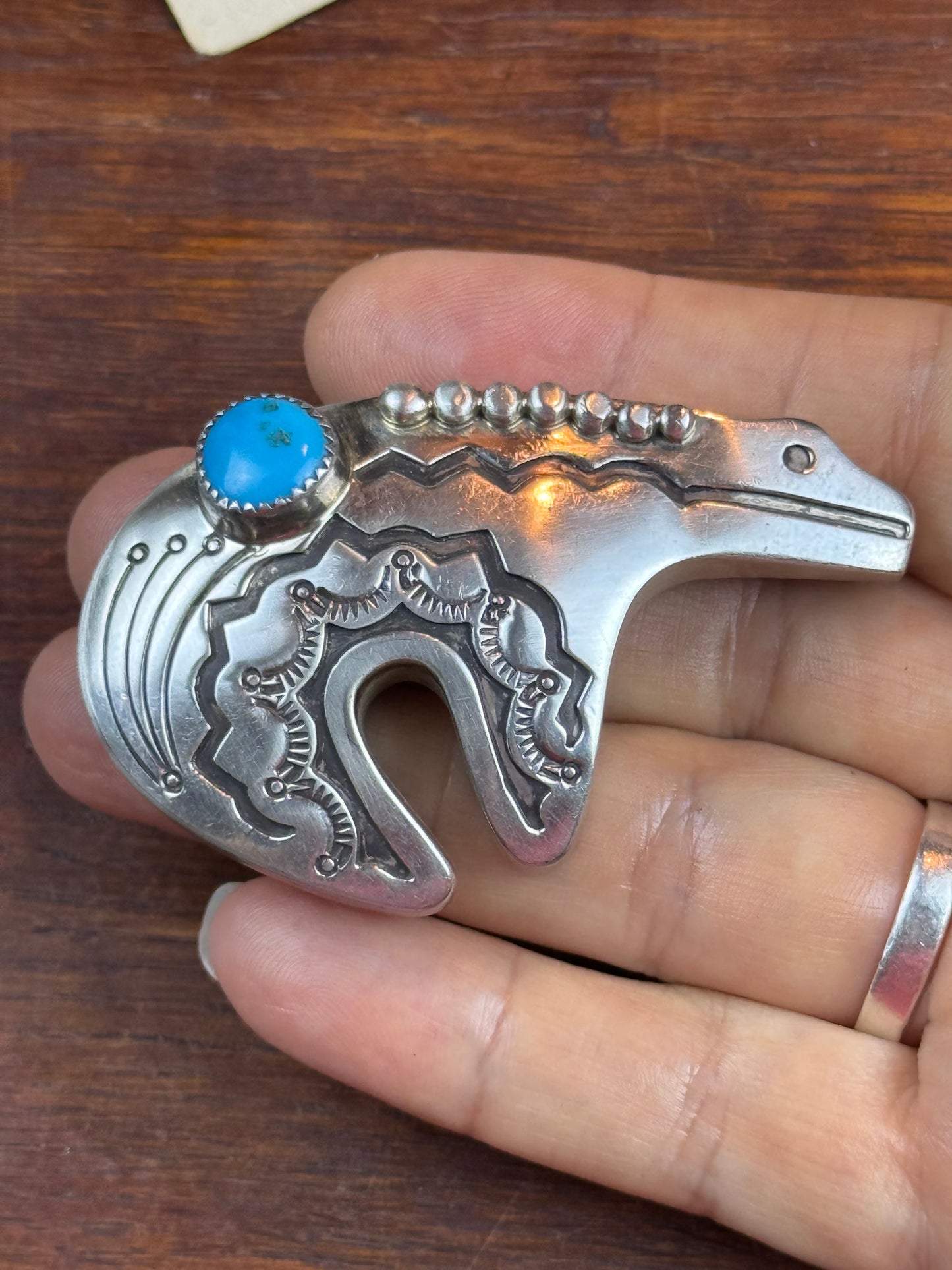 Navajo Jerry Roan Sterling Silver Turquoise Bear Lariat Pendant Vintage 2.5”