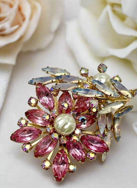 Large Vintage Pink Flower Rhinestone Brooch Faux Pearls AB Accents Exquisite