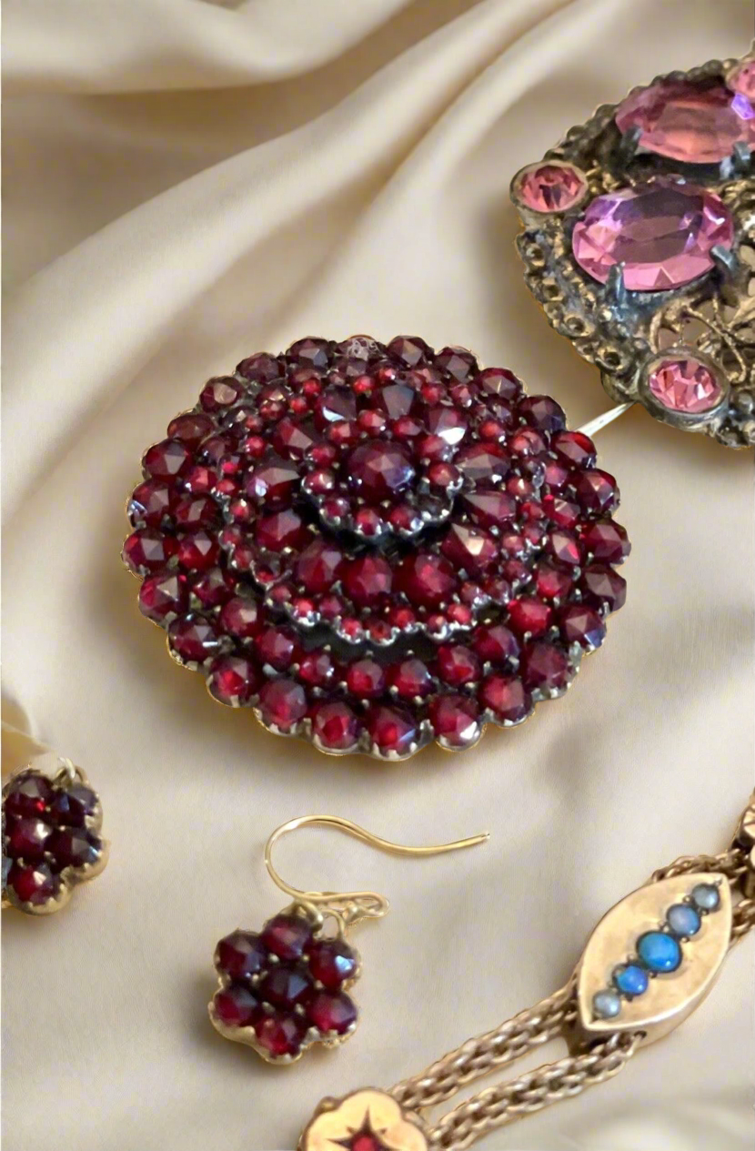 Antique Bohemian Victorian Rose Cut Garnet Brooch EXQUISITE