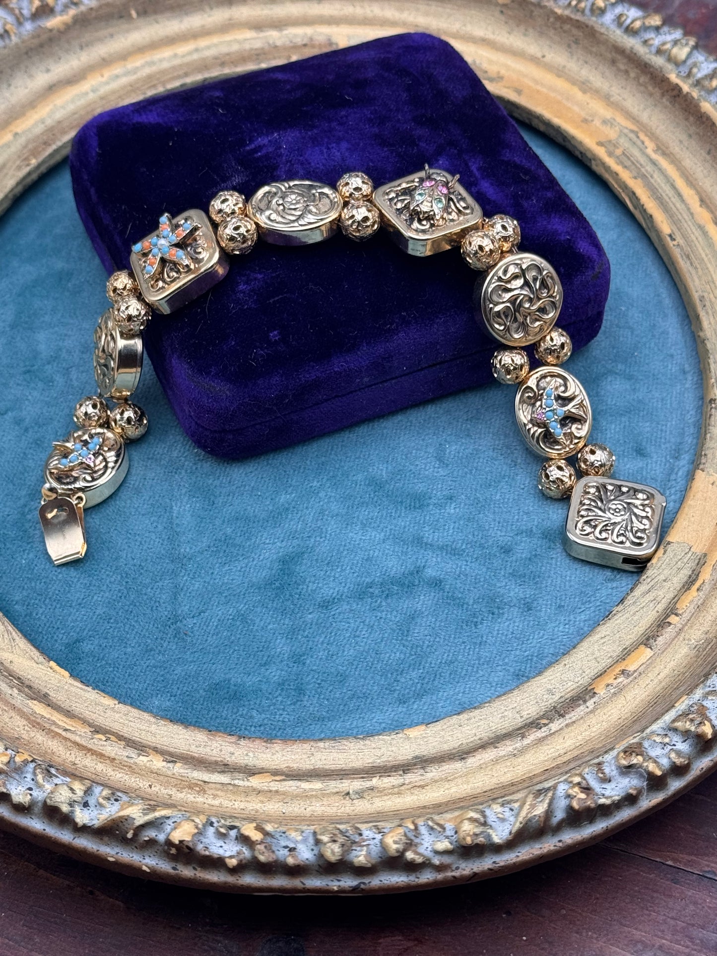 Victorian Revival Goldtone Slide Bracelet 7.5” Ornate Panel