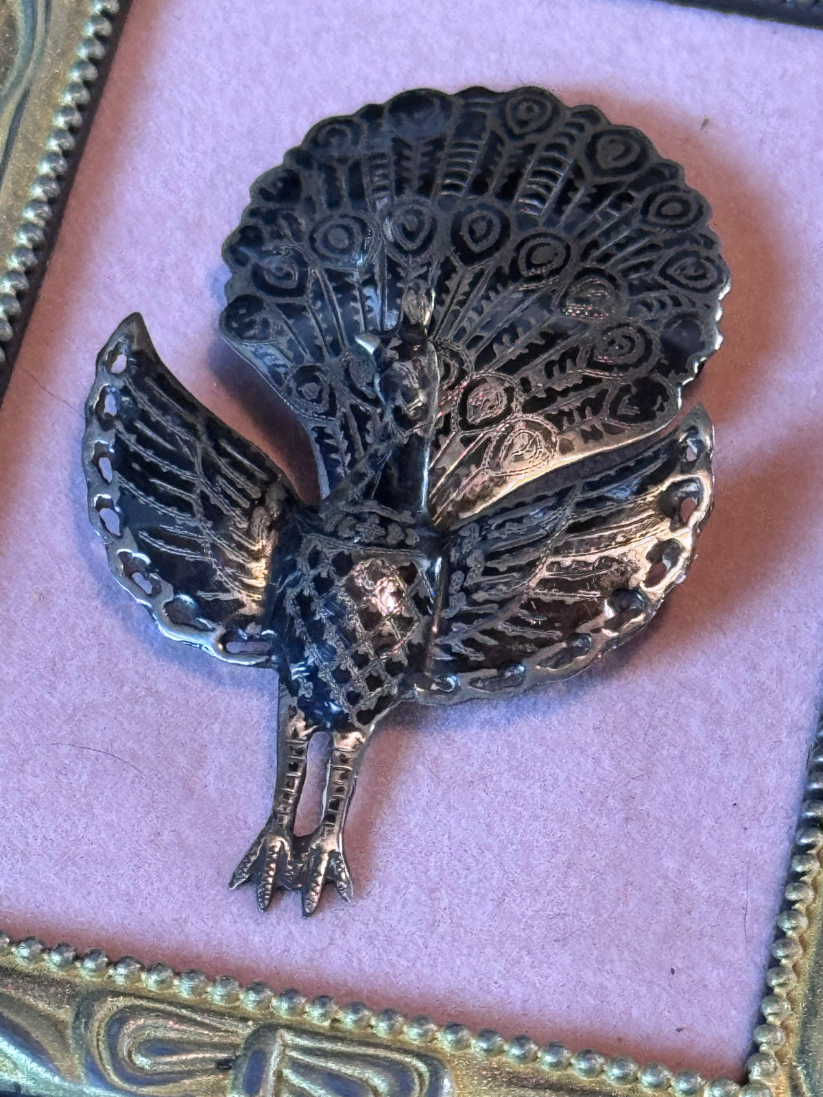 Vintage Siam Sterling Silver Peacock Brooch Articulated Niello Thailand