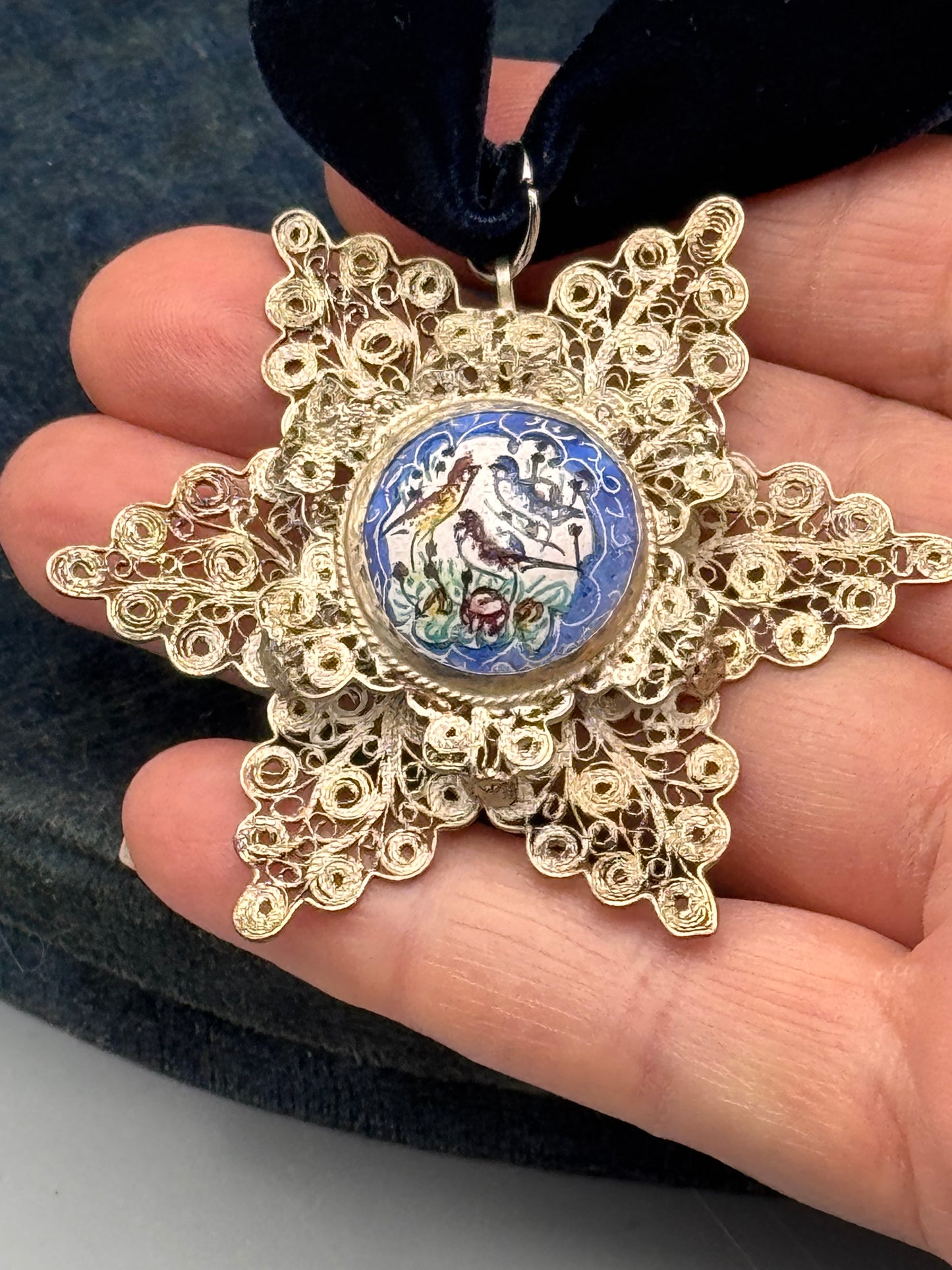 Vintage Filigree Pendant Bird Motif 2.5” Statement Necklace Silver Tone Enameled Hand Painted