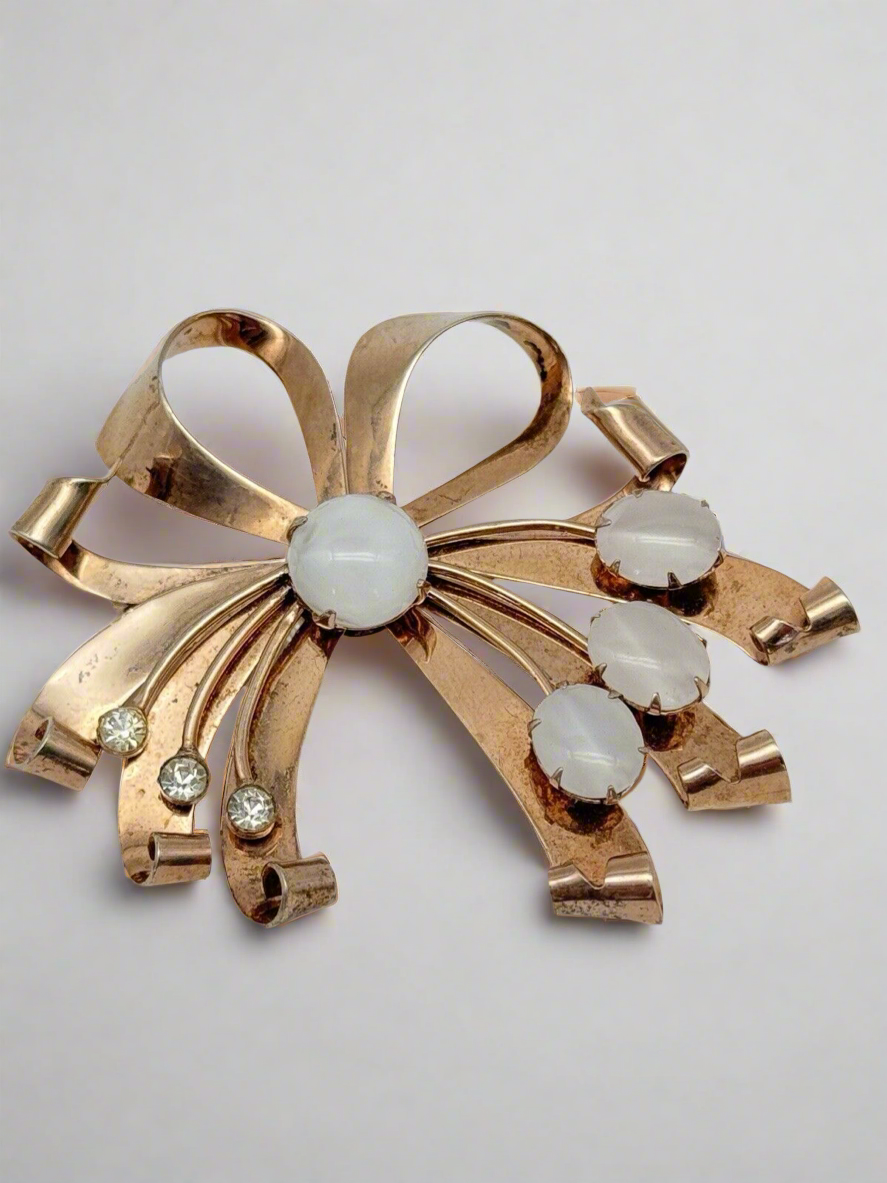 1940s Brooch STERLING VERMEIL Retro Ribbon With Opaline Stones & Rhinestone