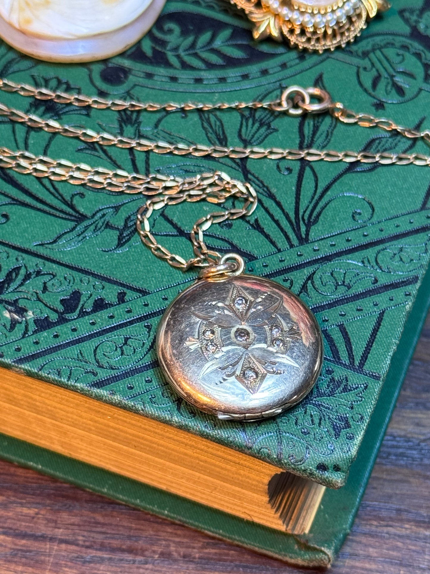 Victorian Rose-Gold Photo Locket Necklace Clear Paste Stones 19”