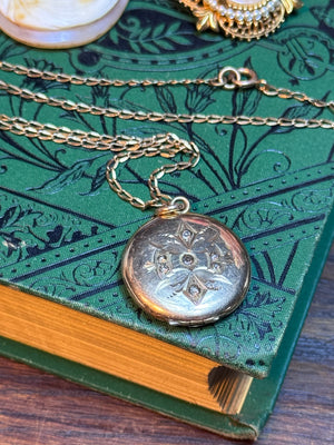 Victorian Rose-Gold Photo Locket Necklace Clear Paste Stones 19”