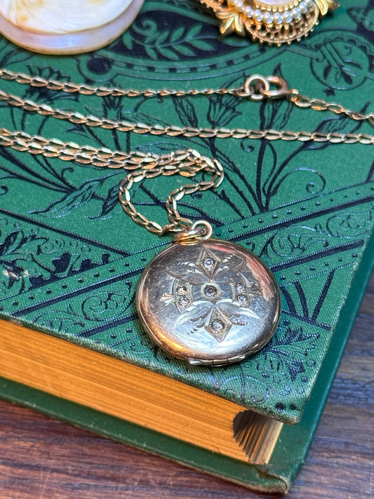 Victorian Rose-Gold Photo Locket Necklace Clear Paste Stones 19”