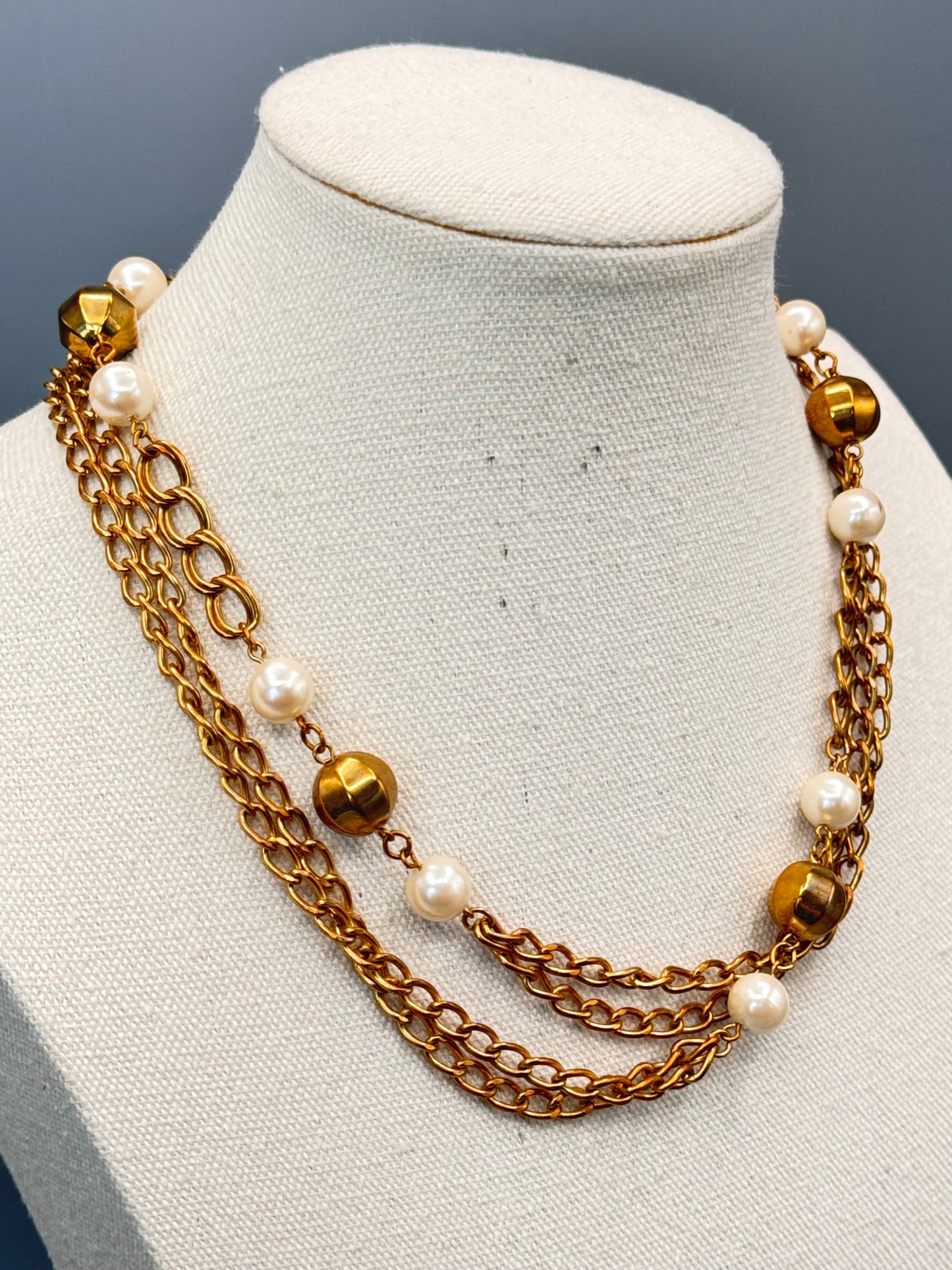 Vintage Necklace Lot Goldtone Faux Pearl Chain Green Bead Long 36” 60”