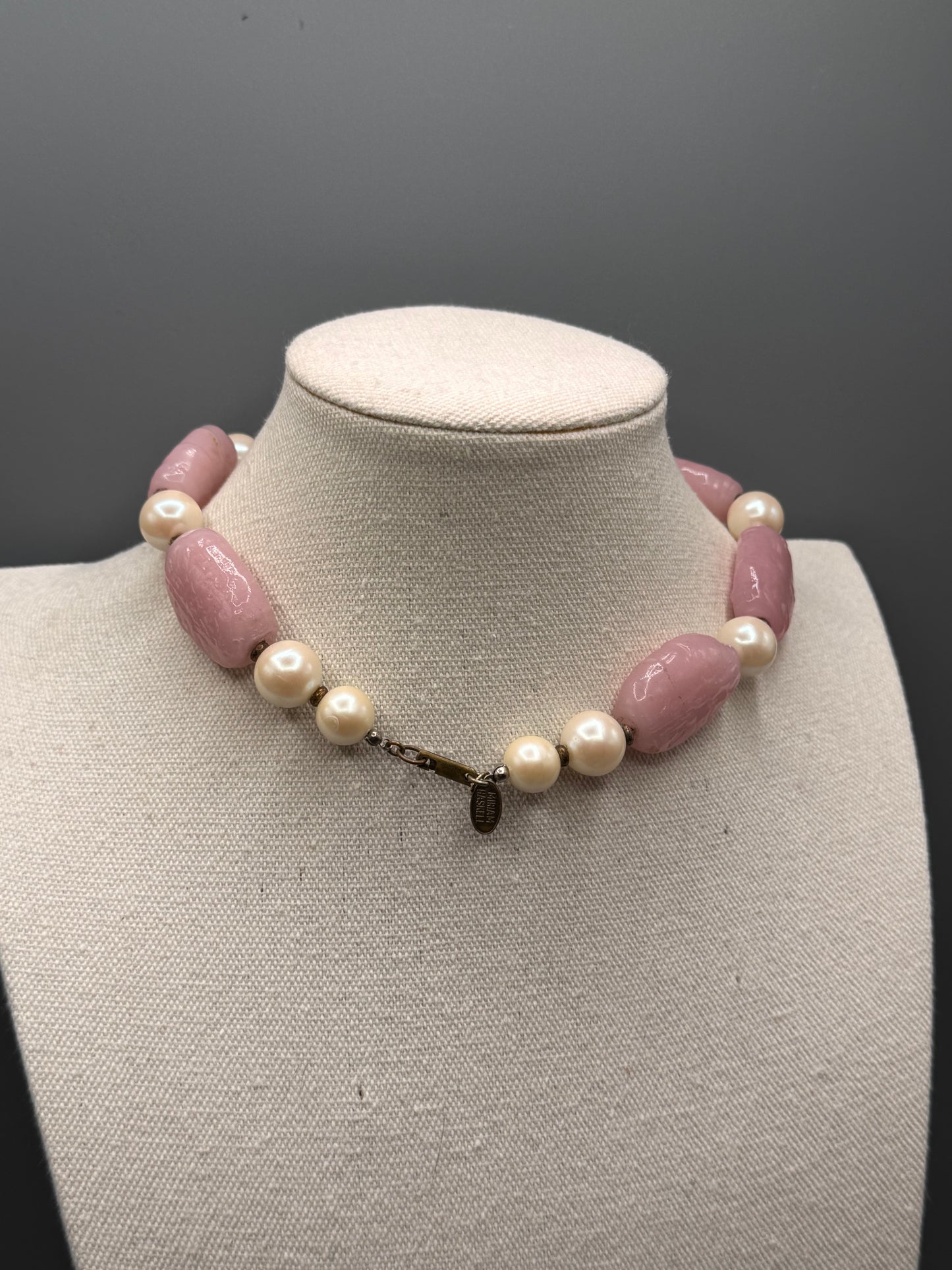 Signed Miriam Haskell Pink Art Glass & Faux Pearl Beaded Necklace