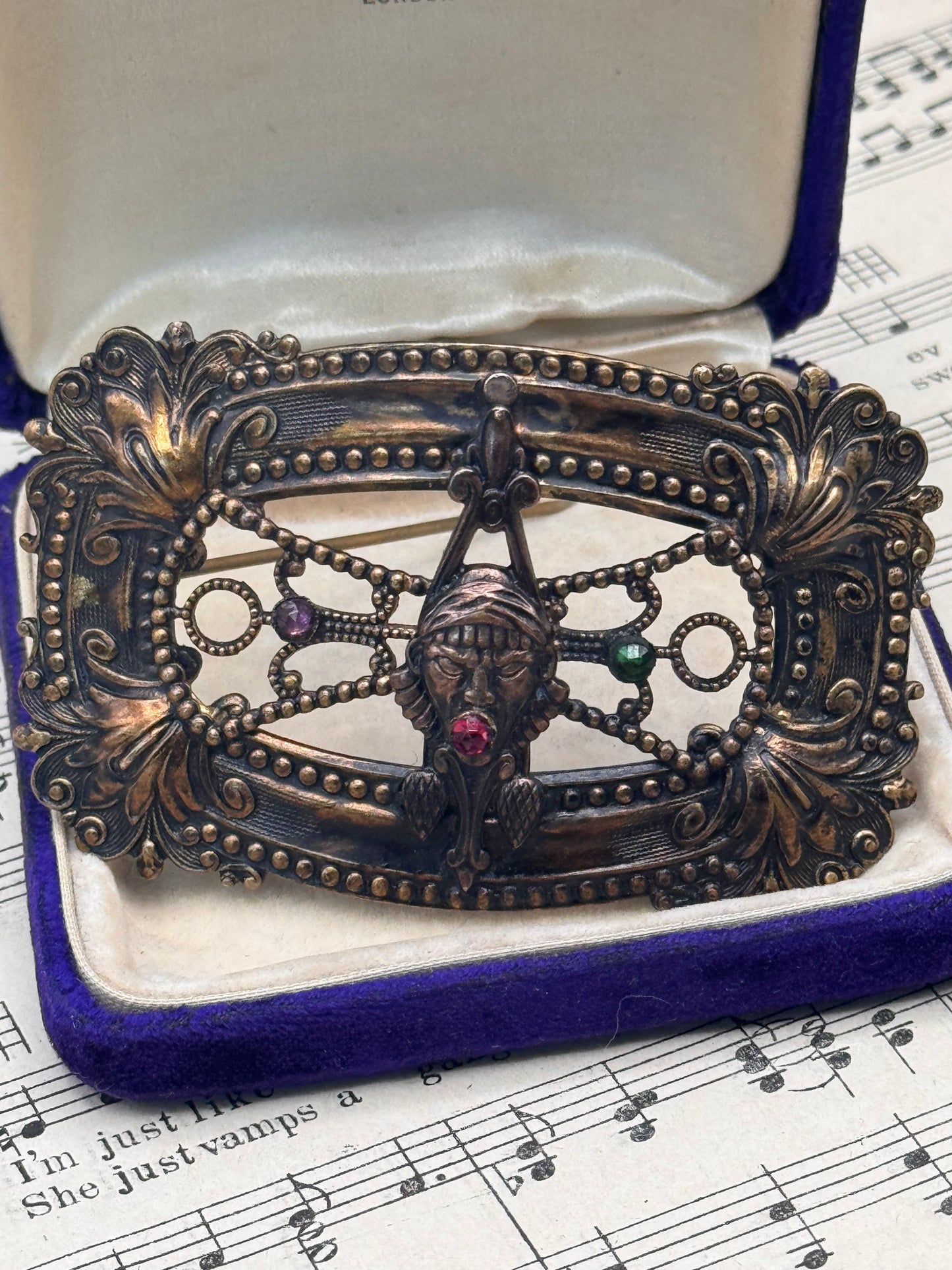 RARE Vintage Sash Brooch Fortune Teller Figural Rhinestone Statement 3.25”