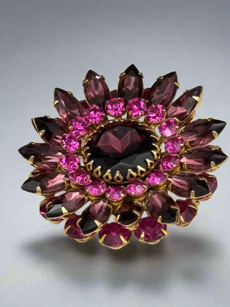 VINTAGE Judy Lee Brooch Rhinestone Mauve Purple Pink Layered Flower Gold Tone