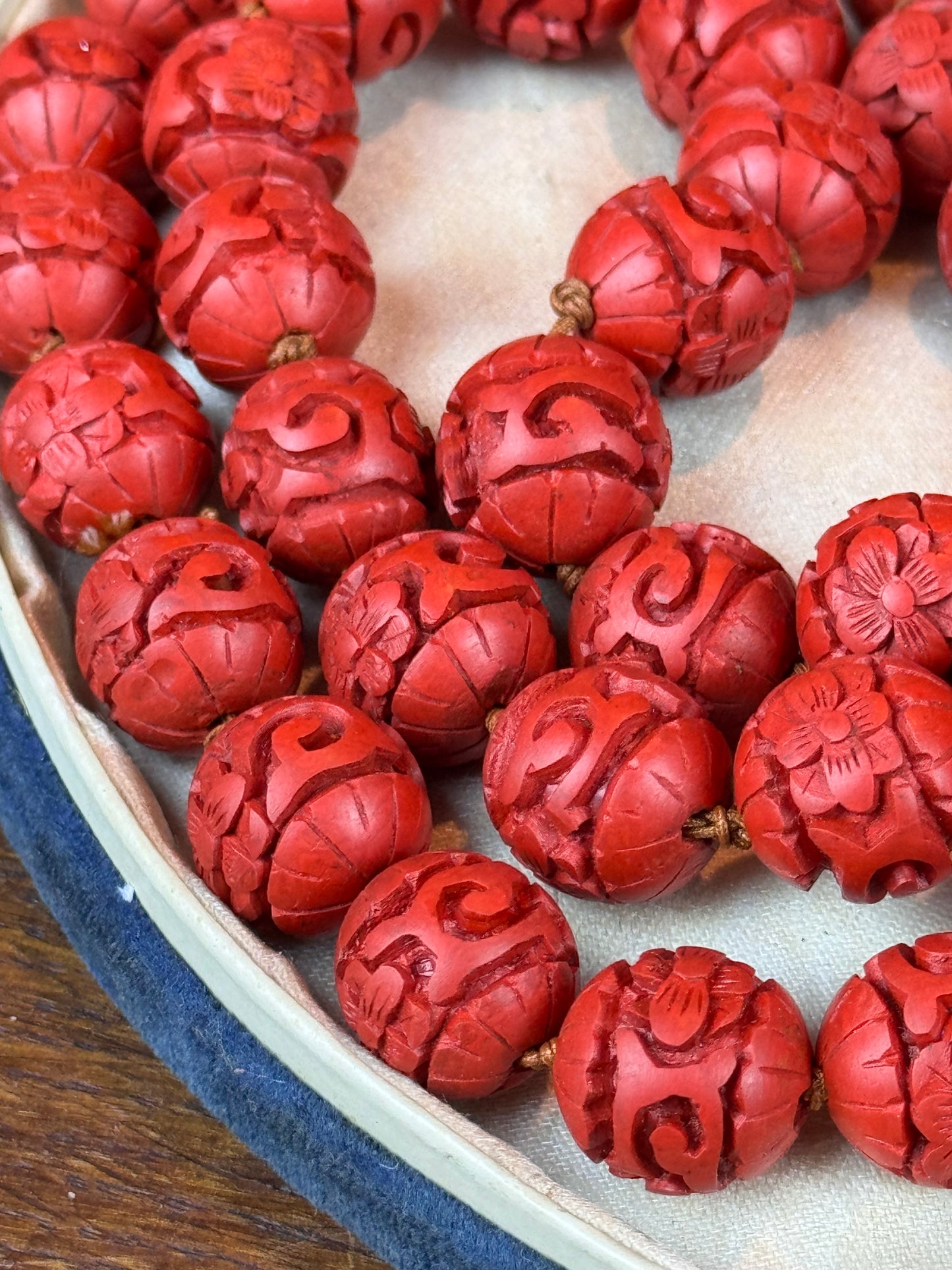 Vintage Cinnabar Necklace Carved Knotted Beads Chinese Style Long 30”