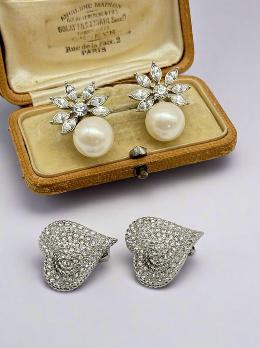 2 Pair Of Vintage Silvertone Heart & Classic Faux Pearl Costume Clip-on Earrings