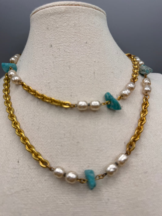 Miriam Haskell Necklace Turquoise Faux Pearl Goldtone Chain Signed 36”