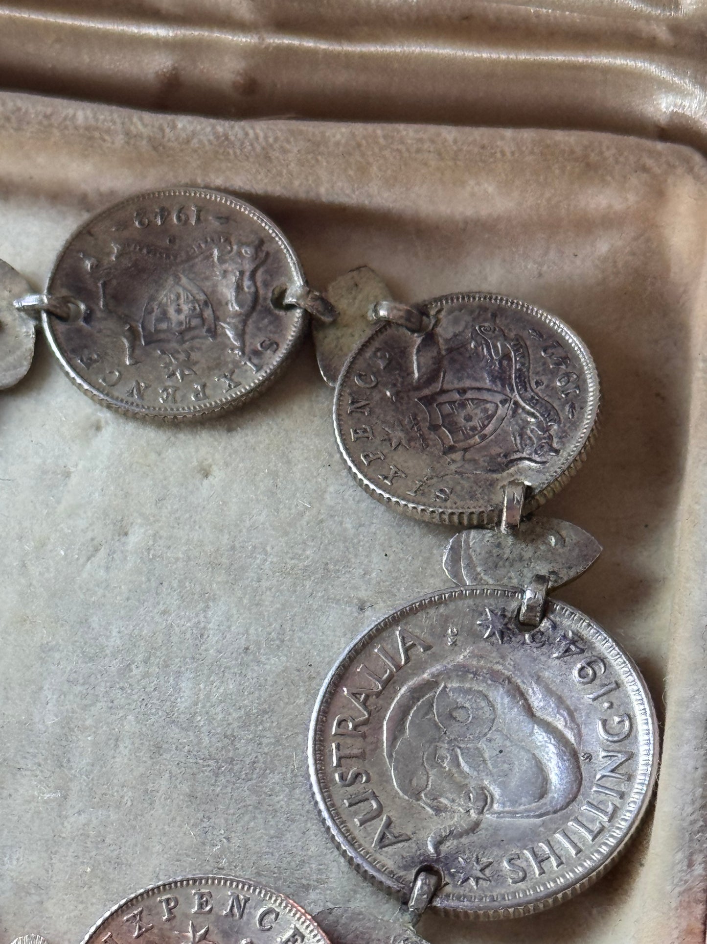 Australian Sterling Silver Coin Bracelet 7” 1942 1943 Shilling Sixpence