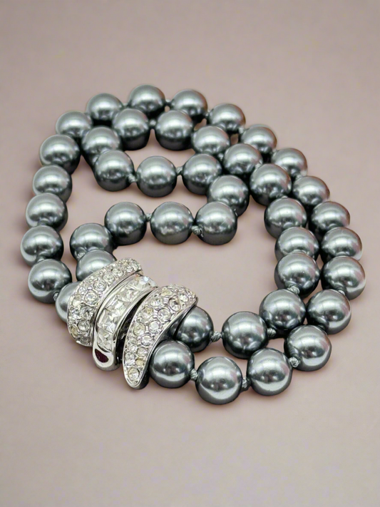 Nolan Miller Bracelet Gray Faux Pearl Double Strand Crystal Snap Clasp 7” Boxed