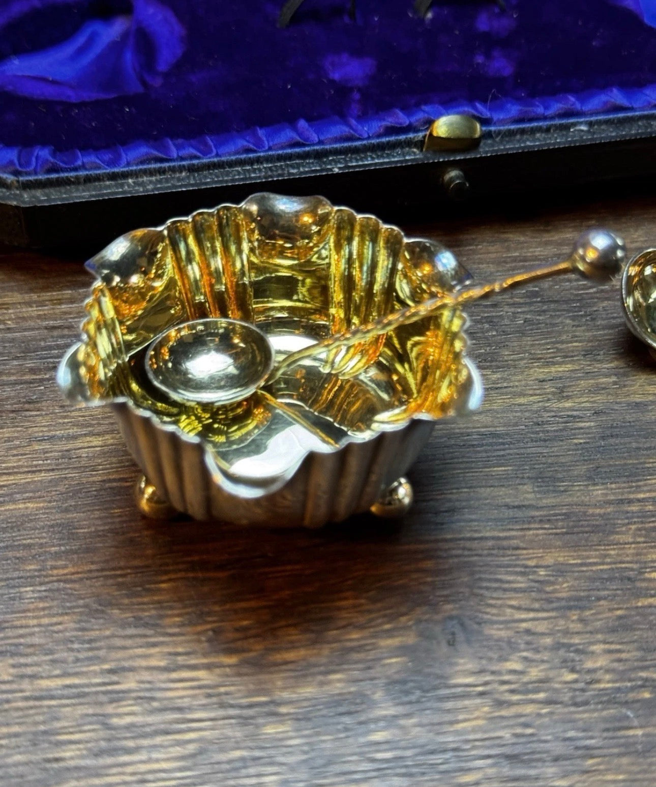 Antique Sterling Salt Cellar Gold Wash Set in Original Case Birmingham 1902