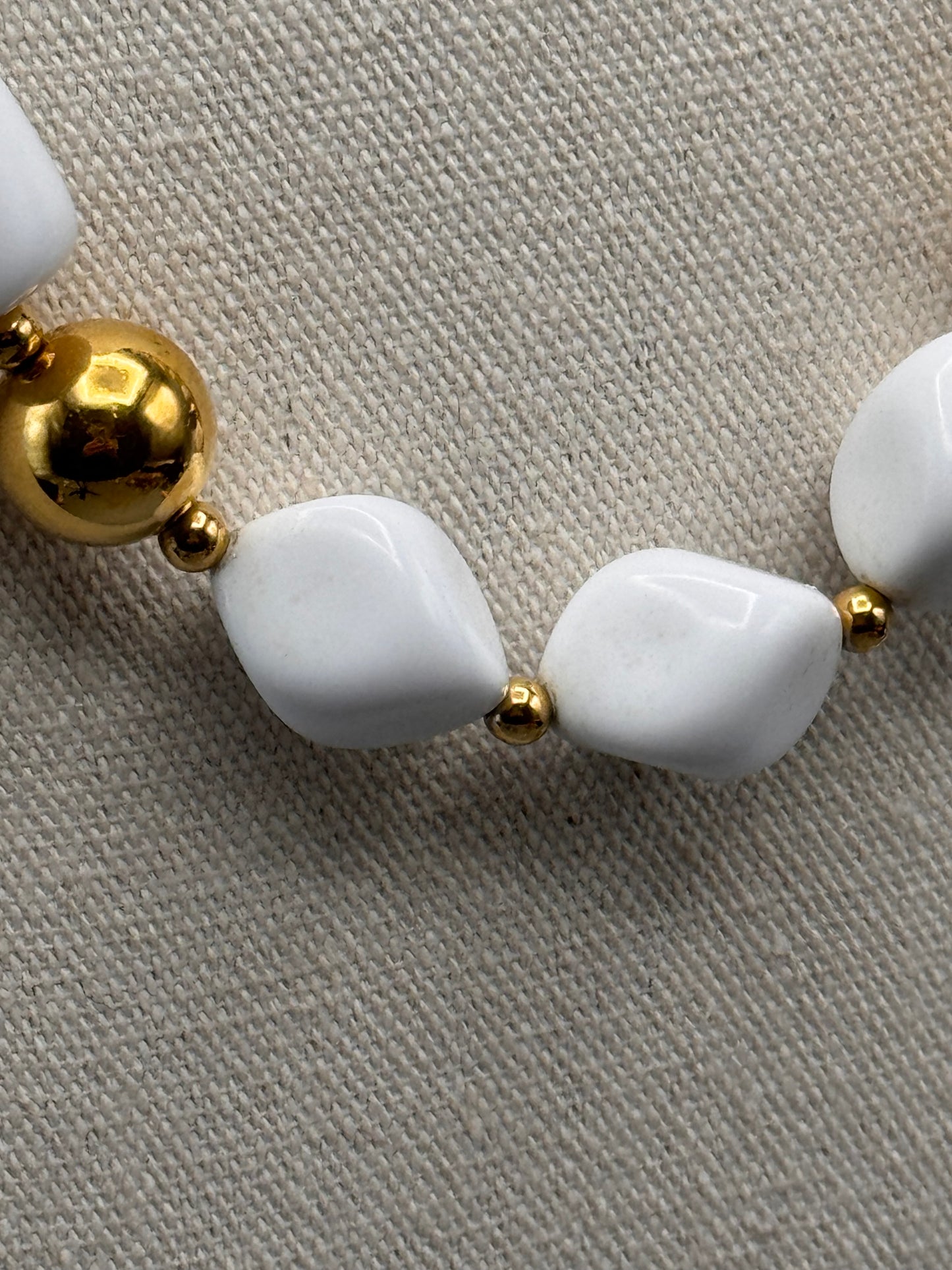 Vintage White Acrylic Beaded Necklace Goldtone Accents 26.5” 80s