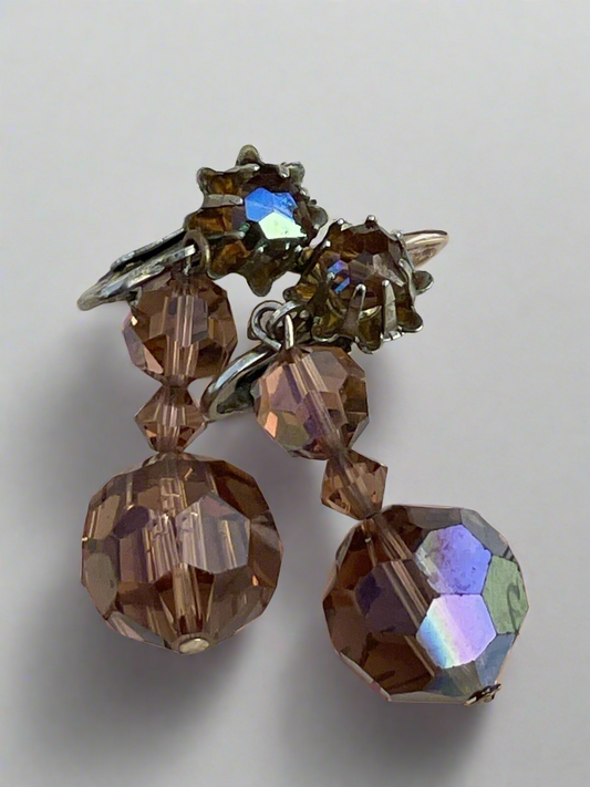 VINTAGE Clip-On Dangler Earrings Topas Rhinestone Beads Aurora Borealis