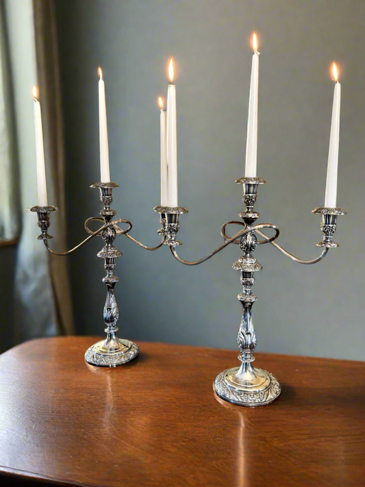 Vintage Silverplate Pair 3 Flame Candelabra Converts To Candlestick Repousse