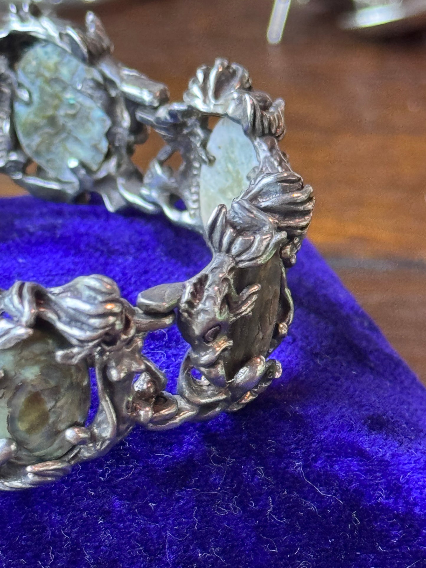Vintage Sterling Mermaid Abalone Bracelet Fish Clasp 6.5” Art Nouveau Style