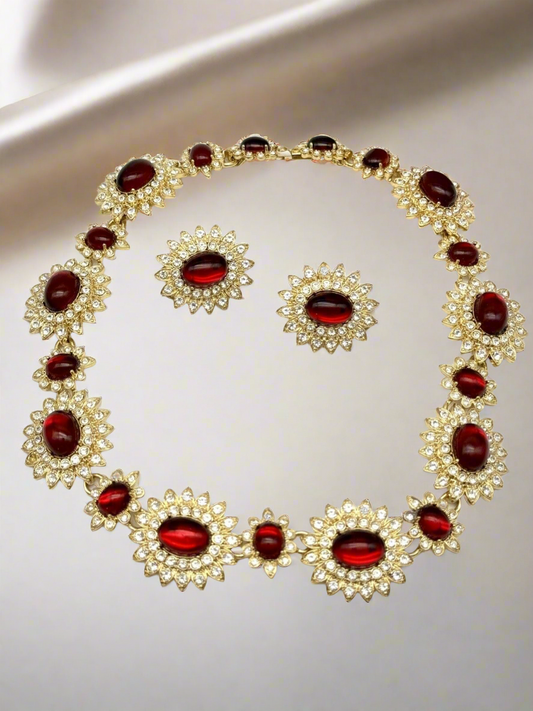 SCAASI SIGNED Statement Necklace & Earrings Set “Gold Plated Moghul” Red 16”