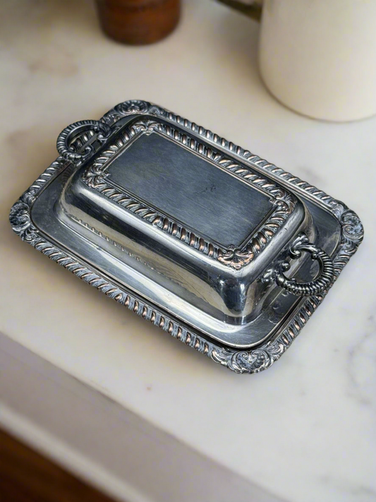 MINIATURE Vintage Silver-plate Lidded Butter Dish Sheffield Style ESTATE FIND
