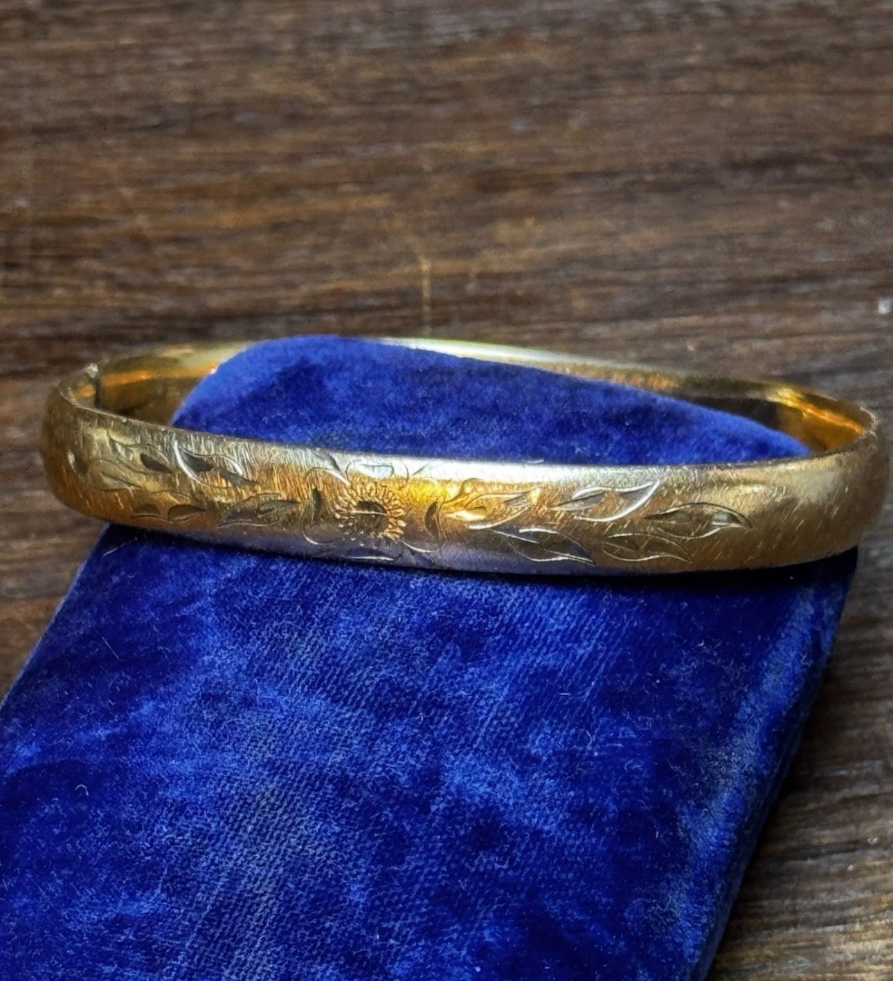 Gold-Filled Bangle Bracelet Hinged Floral Engraved 7” BRUSHED