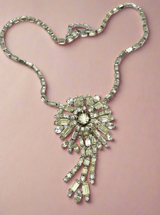 Art Deco Style Clear Rhinestone Necklace Ca. 15” L