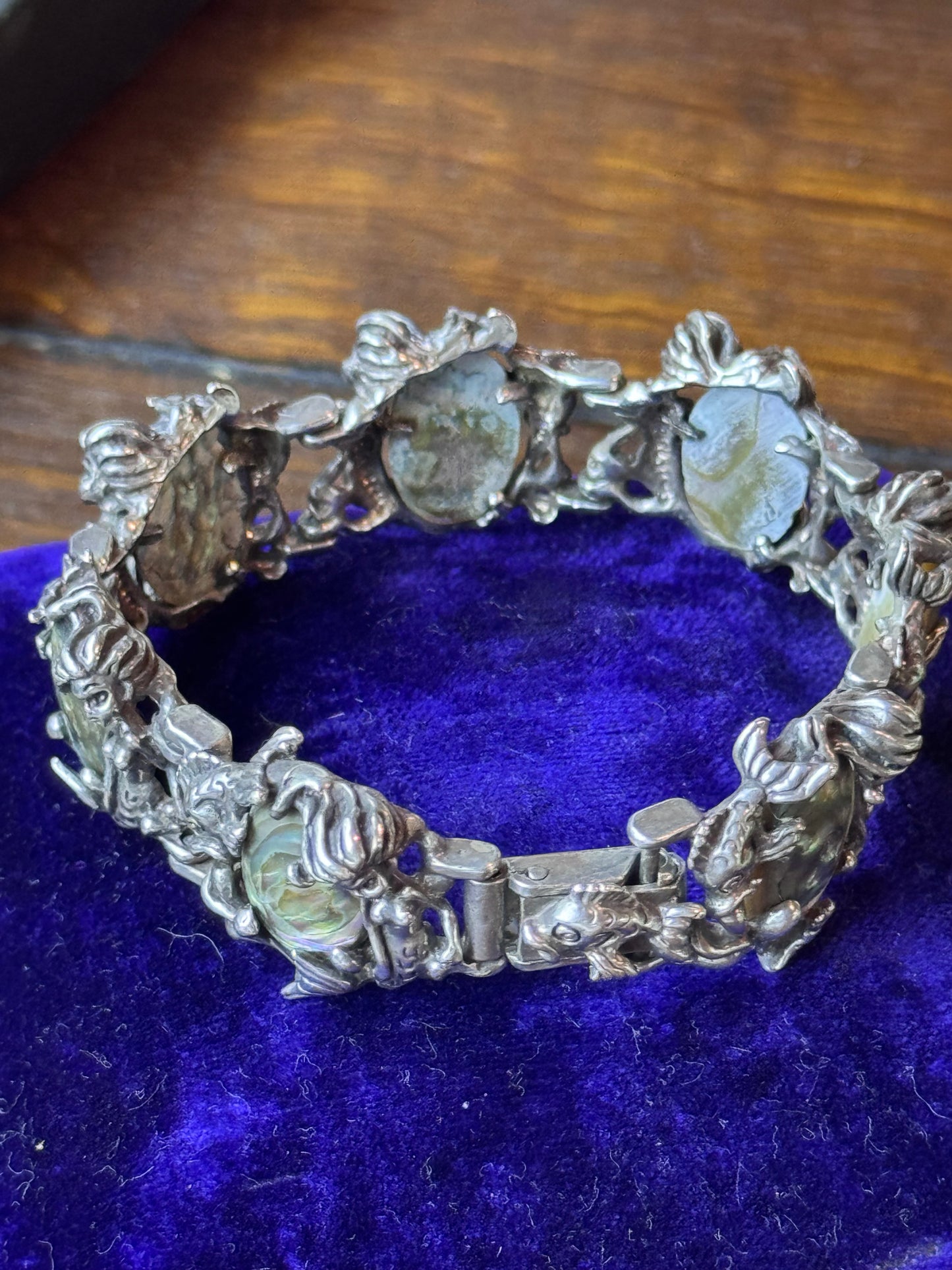 Vintage Sterling Mermaid Abalone Bracelet Fish Clasp 6.5” Art Nouveau Style