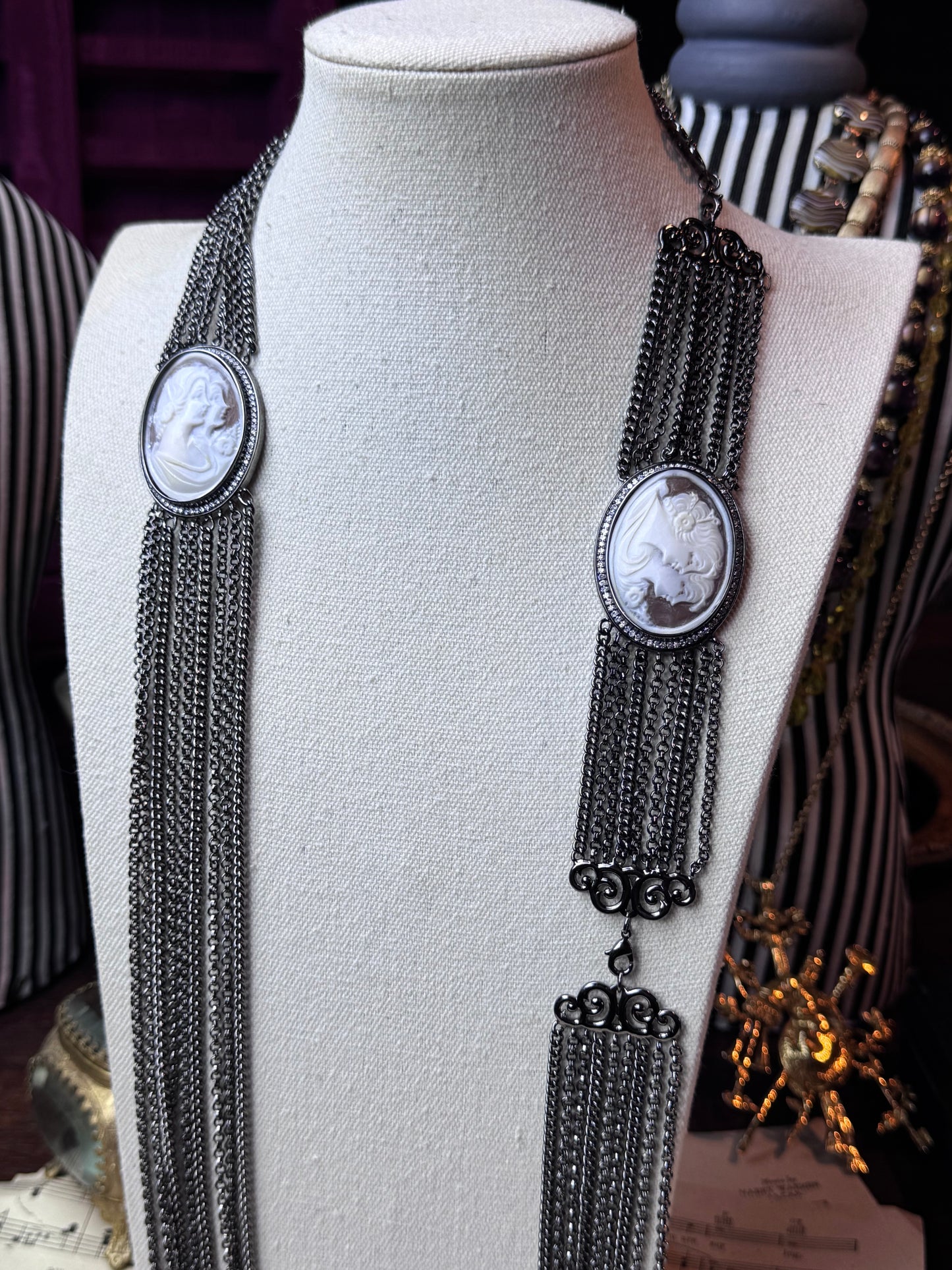 Cameo Necklace 32” & 7.25” Bracelet Gunmetal Multi Strand - Estate Find