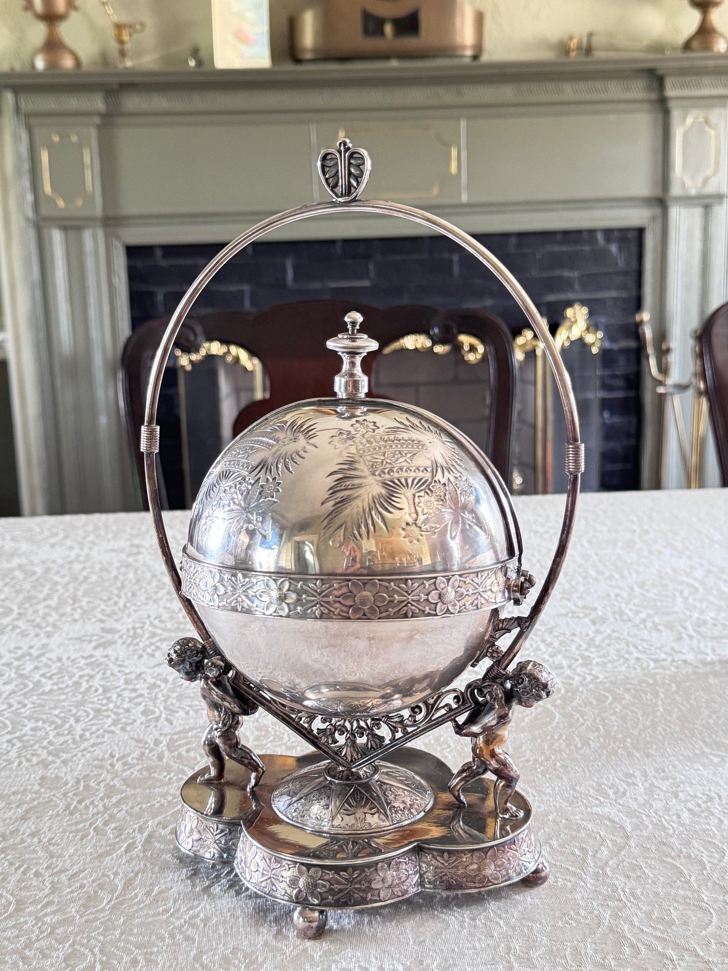 Antique Silverplate Putti Cherub Mechanical Butter Dish Victorian American Gilded Age c. 1880–1900