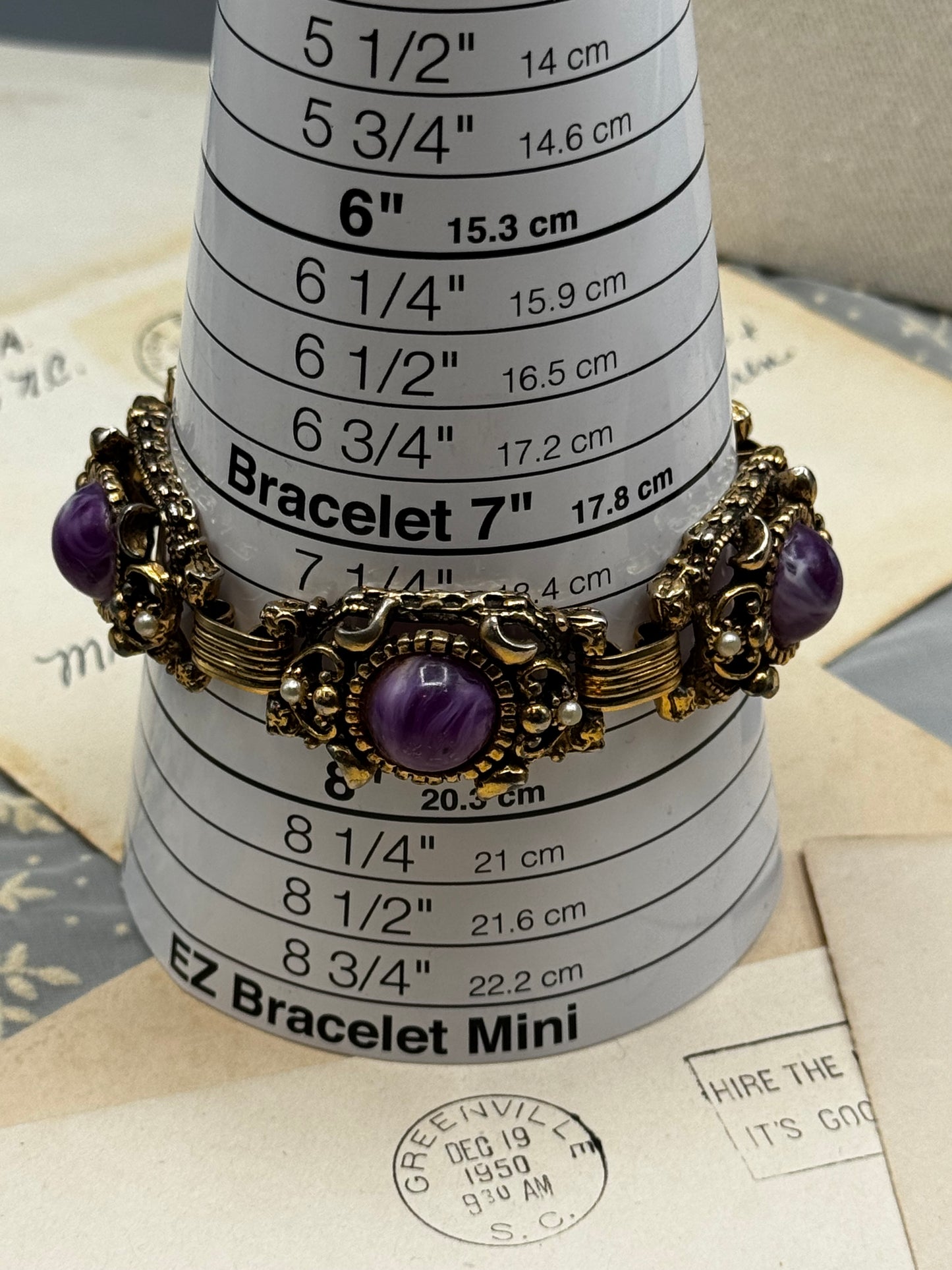 Vintage Victorian Revival Bracelet Purple Lucite Cabochon Faux Pearl Goldtone 7.25” Selro Selini Style