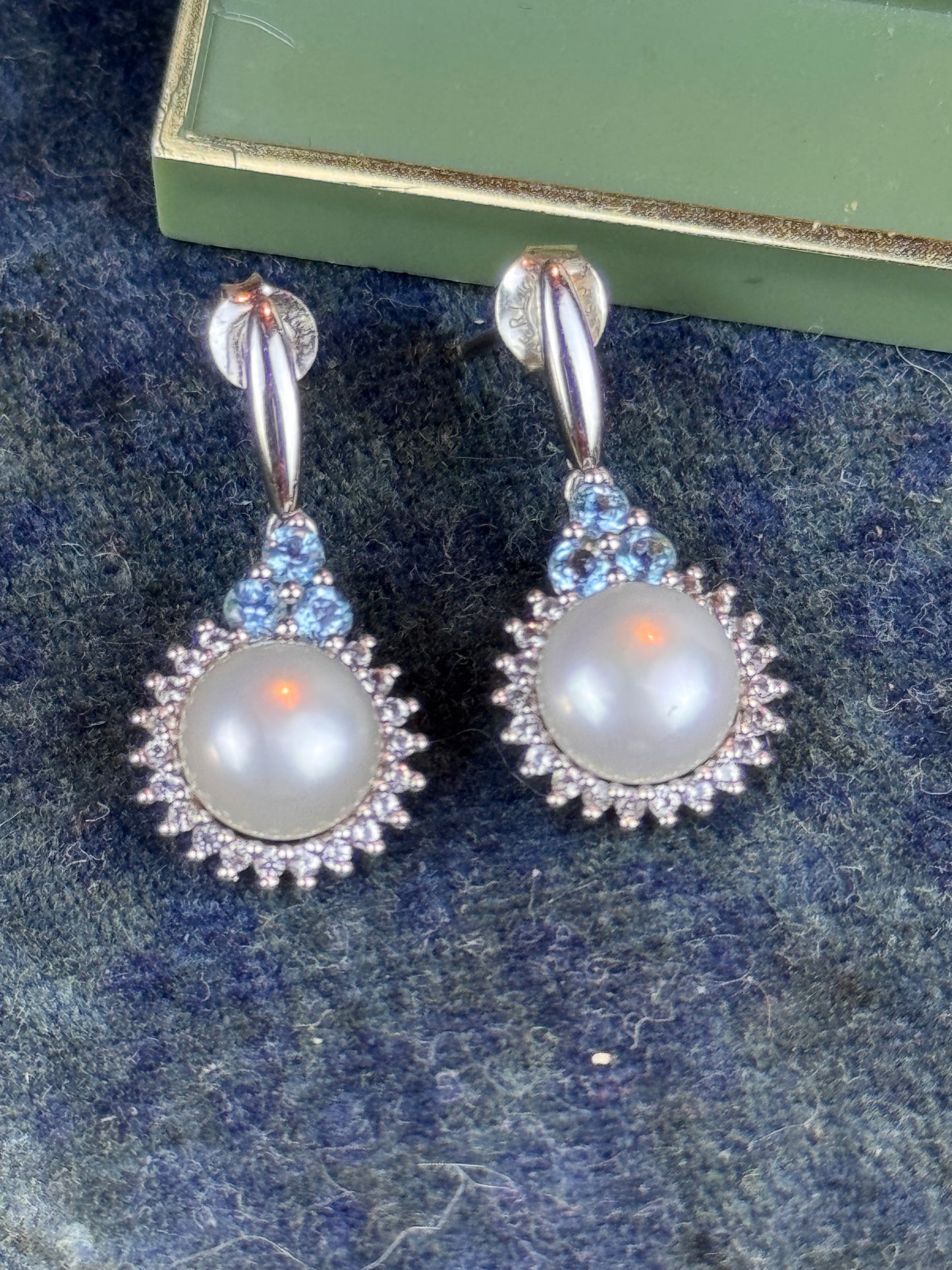 Vintage Sterling Silver Pearl Blue Stone Ring 6.75 & Earrings Set 925