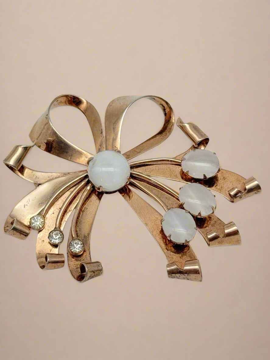 1940s Brooch STERLING VERMEIL Retro Ribbon With Opaline Stones & Rhinestone