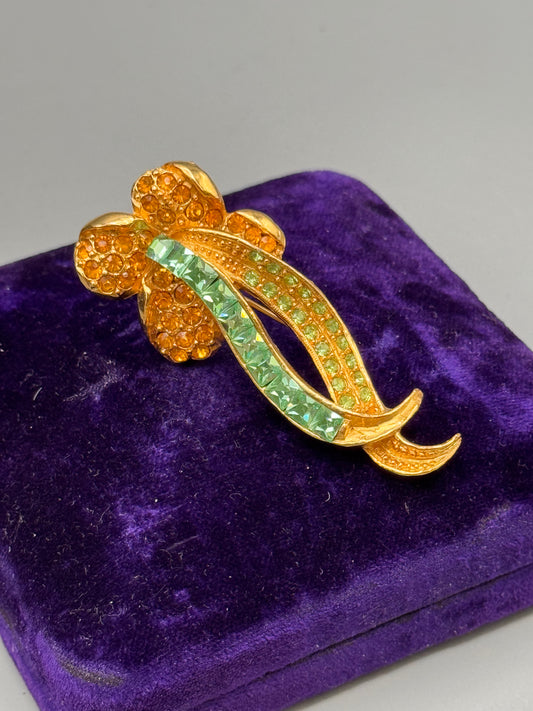 Vintage Pell Brooch Goldtone Bow Ribbon Green Rhinestone Amber Crystal 2.5”