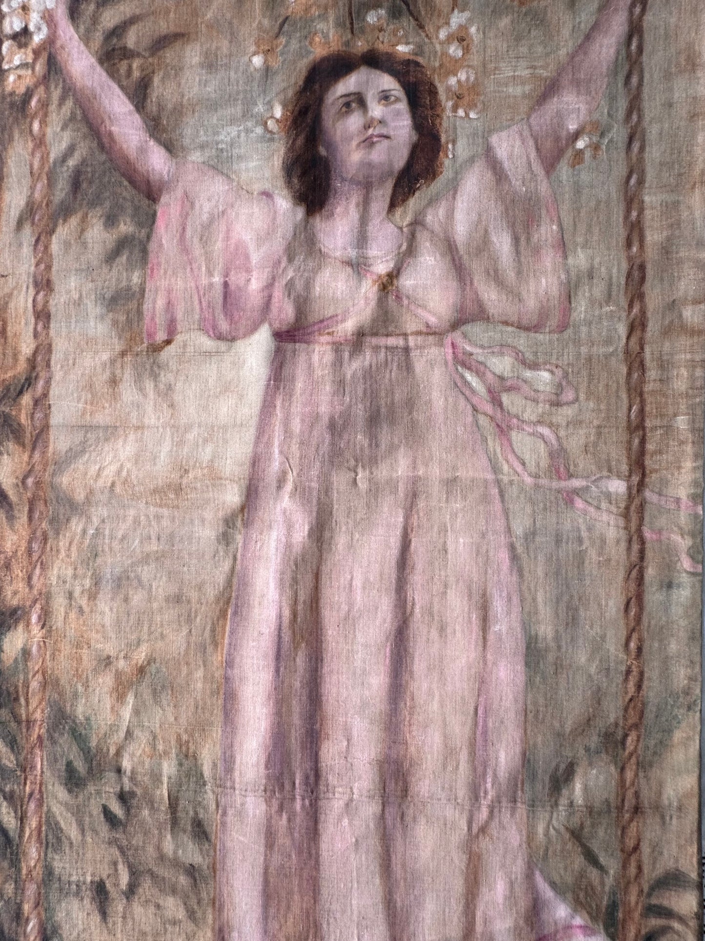 Antique Hand-Painted Textile Painting on Canvas Young Woman on Swing c. 1900