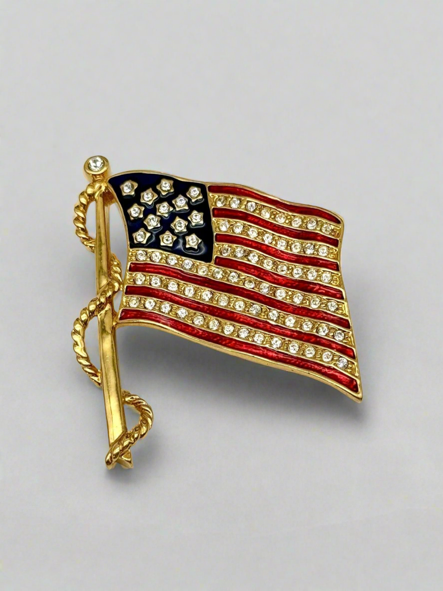 Signed Jackie Kennedy JBK American Flag Brooch Red White Blue Vintage