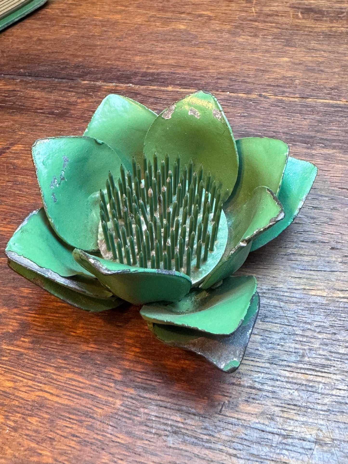 Vintage Green Metal Lotus Flower Frog Floral Arrangement Holder 4”