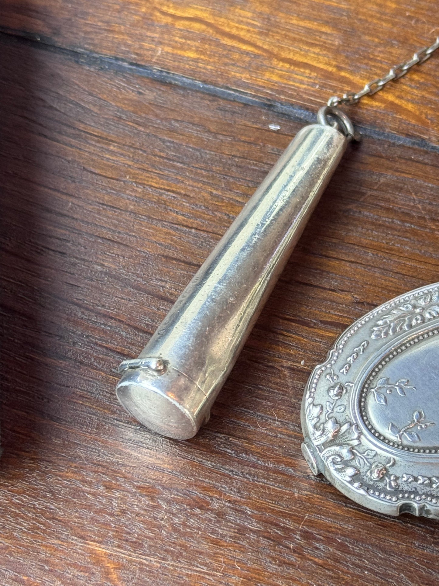 Antique Sterling Silver Chatelaine Mirror Needle Case Thimble 1911 Birmingham 8”